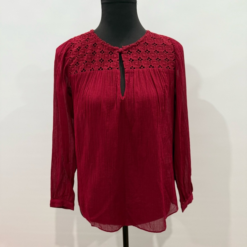 J. Crew Deep Red Blouse with Crochet Detail